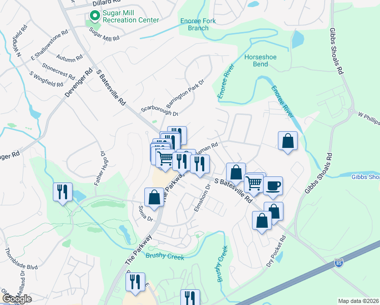 map of restaurants, bars, coffee shops, grocery stores, and more near 2176 East Coleman Road in Greer