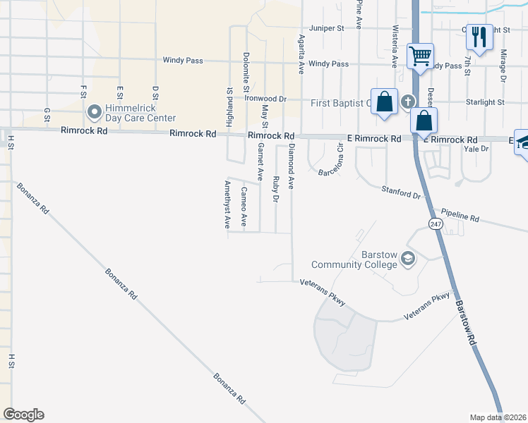map of restaurants, bars, coffee shops, grocery stores, and more near 2170 Ruby Drive in Barstow