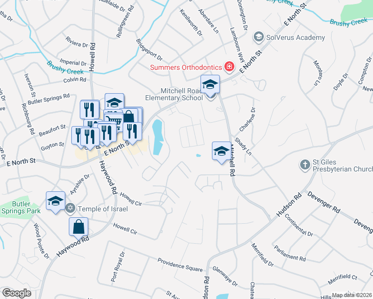 map of restaurants, bars, coffee shops, grocery stores, and more near 427 Cedar Pines Drive in Greenville