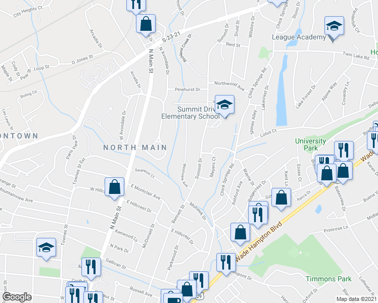 map of restaurants, bars, coffee shops, grocery stores, and more near 405 Summit Drive in Greenville