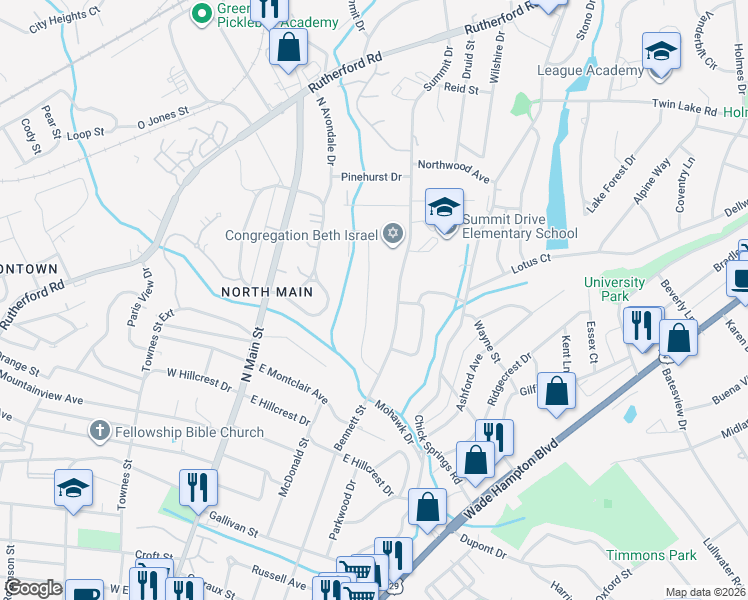 map of restaurants, bars, coffee shops, grocery stores, and more near 405 Summit Drive in Greenville