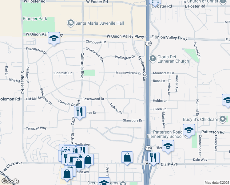map of restaurants, bars, coffee shops, grocery stores, and more near 410 Poppinga Way in Santa Maria