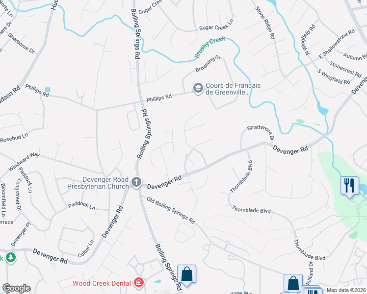 map of restaurants, bars, coffee shops, grocery stores, and more near 2 North Staghorn Lane in Greer