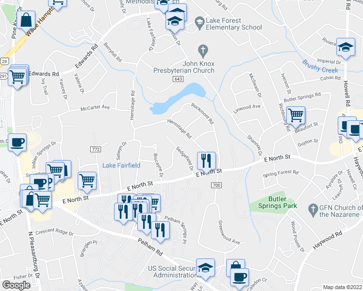 map of restaurants, bars, coffee shops, grocery stores, and more near 208 Hermitage Road in Greenville