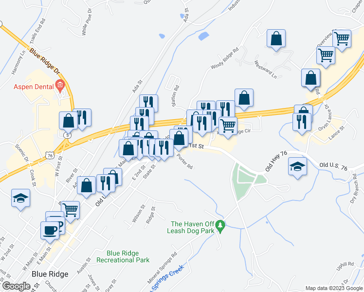 map of restaurants, bars, coffee shops, grocery stores, and more near 4004 East 1st Street in Blue Ridge