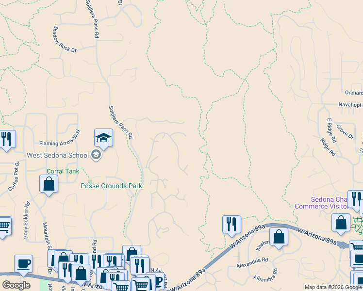 map of restaurants, bars, coffee shops, grocery stores, and more near 40 Northern Shadows Lane in Sedona