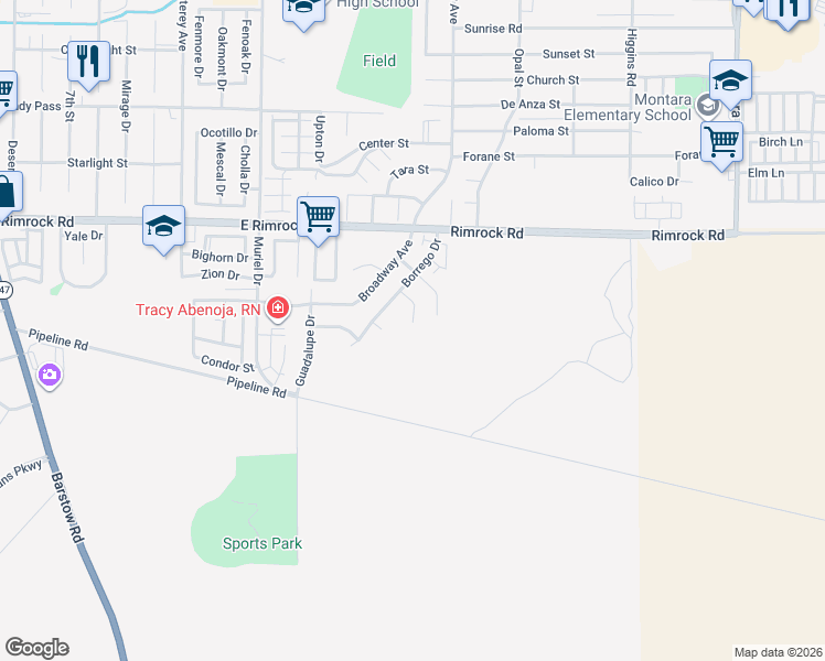 map of restaurants, bars, coffee shops, grocery stores, and more near 1241 Everglades Court in Barstow