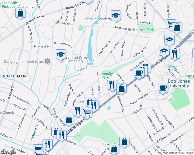 map of restaurants, bars, coffee shops, grocery stores, and more near 42 Essex Court in Greenville