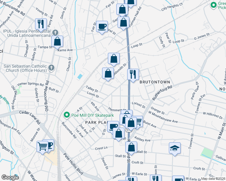 map of restaurants, bars, coffee shops, grocery stores, and more near 7 Gilreath Street in Greenville