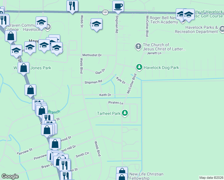 map of restaurants, bars, coffee shops, grocery stores, and more near 127 Morris Court in Havelock