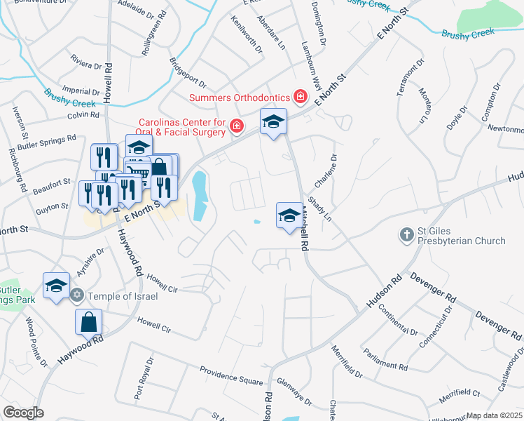 map of restaurants, bars, coffee shops, grocery stores, and more near 388 Juniper Bend Circle in Greenville