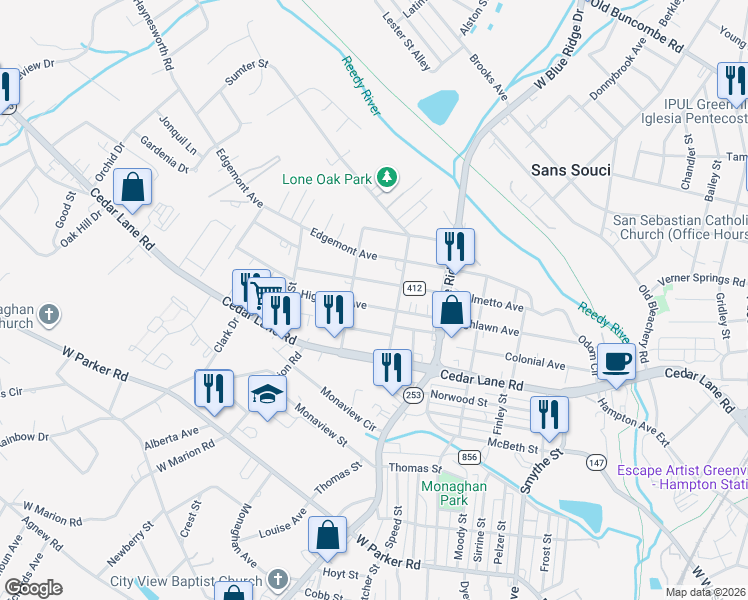map of restaurants, bars, coffee shops, grocery stores, and more near 410 Highlawn Avenue in Greenville