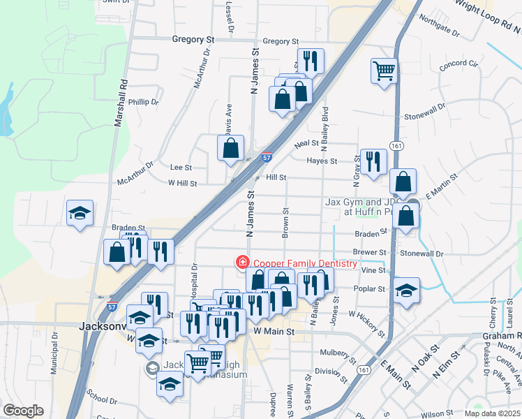 map of restaurants, bars, coffee shops, grocery stores, and more near 707 North James Street in Jacksonville