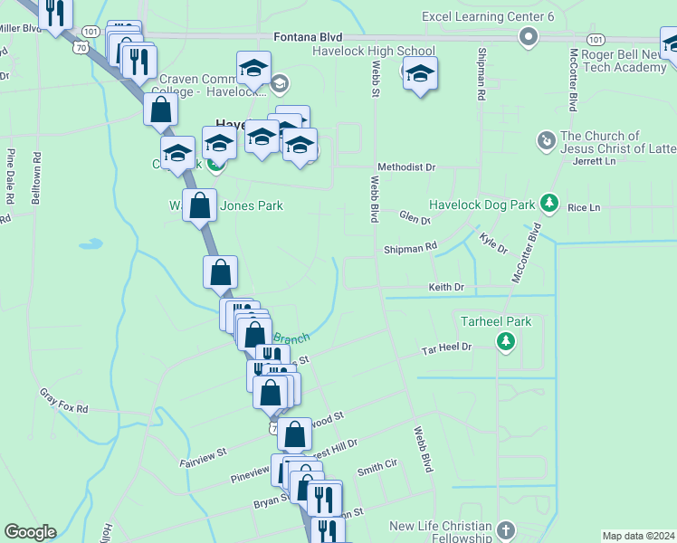 map of restaurants, bars, coffee shops, grocery stores, and more near 128 Twin Wood Drive in Havelock