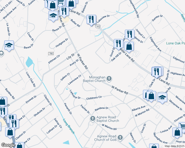 map of restaurants, bars, coffee shops, grocery stores, and more near 1534 West Parker Road in Greenville