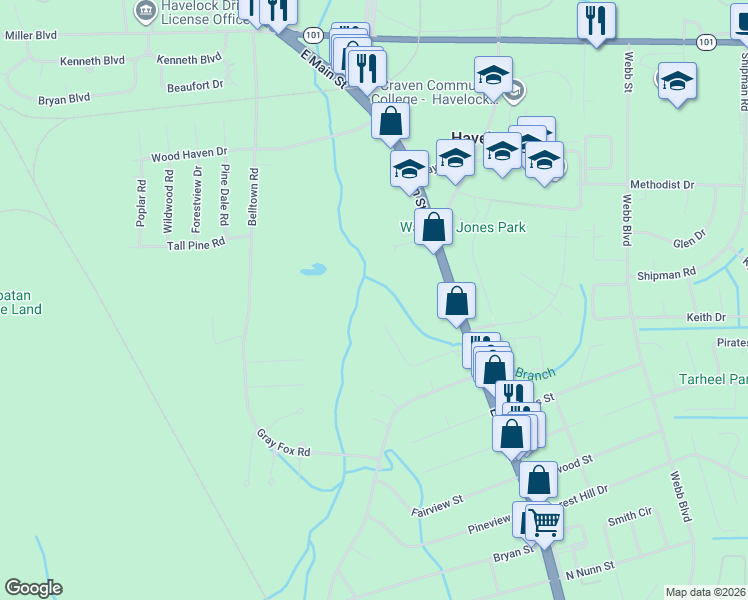 map of restaurants, bars, coffee shops, grocery stores, and more near 122 Oakwood Dr in Havelock
