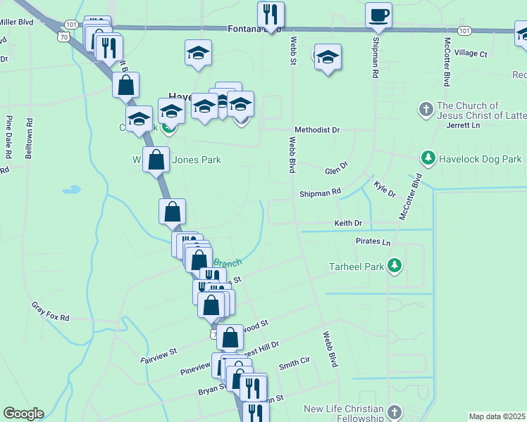 map of restaurants, bars, coffee shops, grocery stores, and more near 128 Twin Wood Drive in Havelock