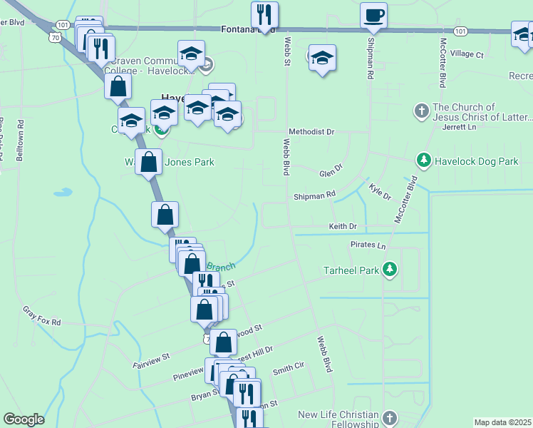 map of restaurants, bars, coffee shops, grocery stores, and more near 119 Twin Wood Drive in Havelock