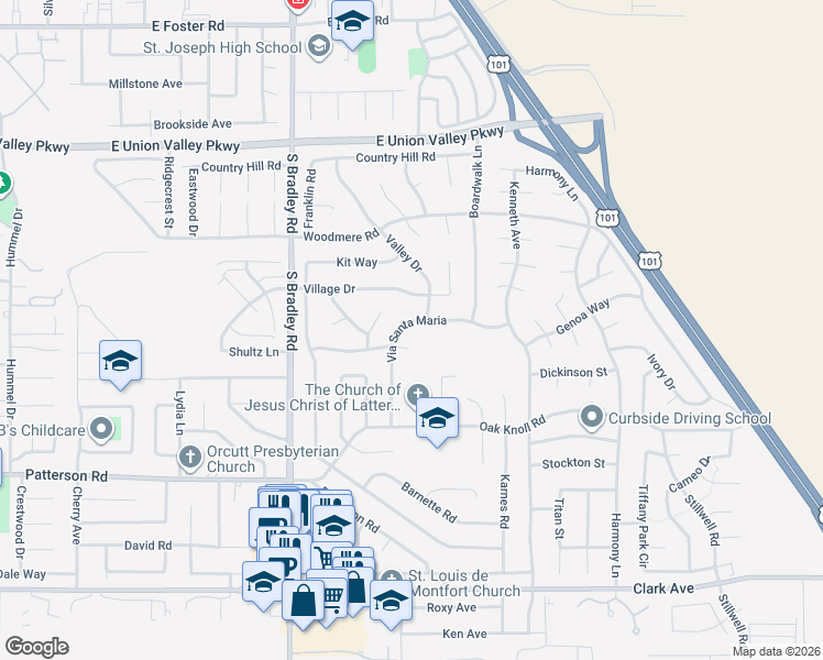 map of restaurants, bars, coffee shops, grocery stores, and more near 4444 Via Santa Maria in Santa Maria