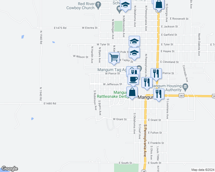 map of restaurants, bars, coffee shops, grocery stores, and more near 424 West Jefferson Street in Mangum