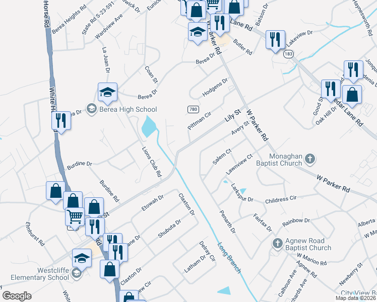 map of restaurants, bars, coffee shops, grocery stores, and more near 301 Lily Street in Greenville