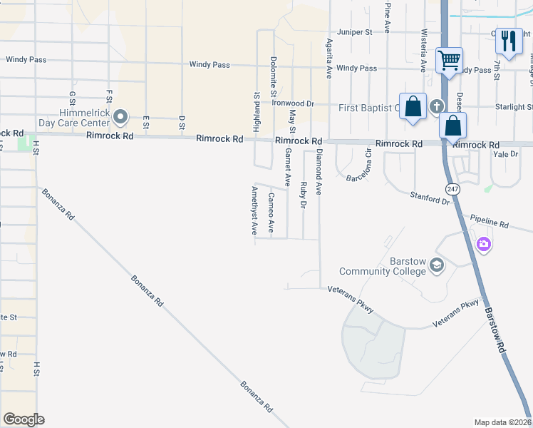 map of restaurants, bars, coffee shops, grocery stores, and more near 2180 Cameo Avenue in Barstow