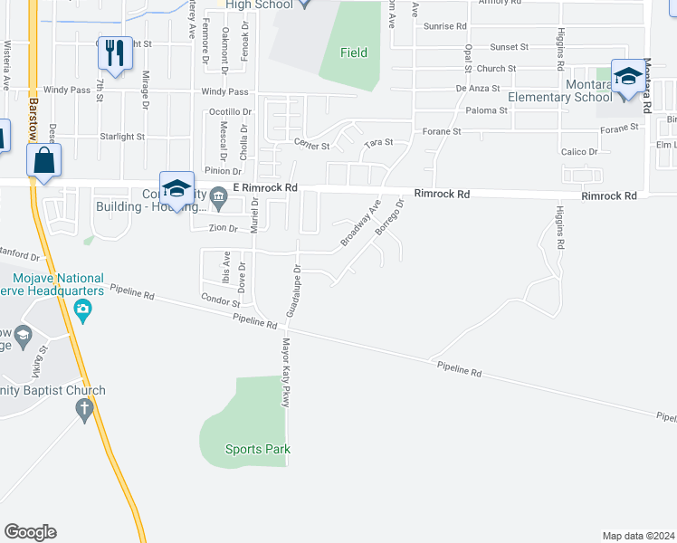 map of restaurants, bars, coffee shops, grocery stores, and more near 1117 Borrego Drive in Barstow
