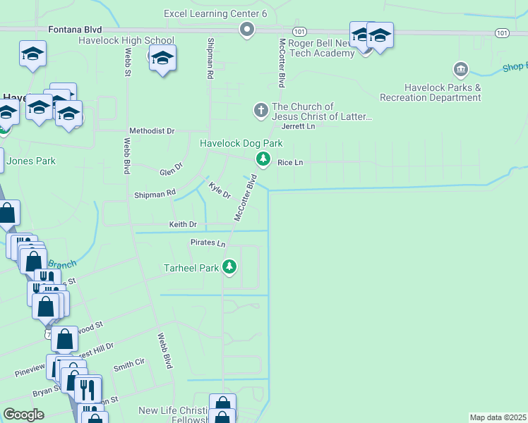 map of restaurants, bars, coffee shops, grocery stores, and more near 307 Kyle Drive in Havelock