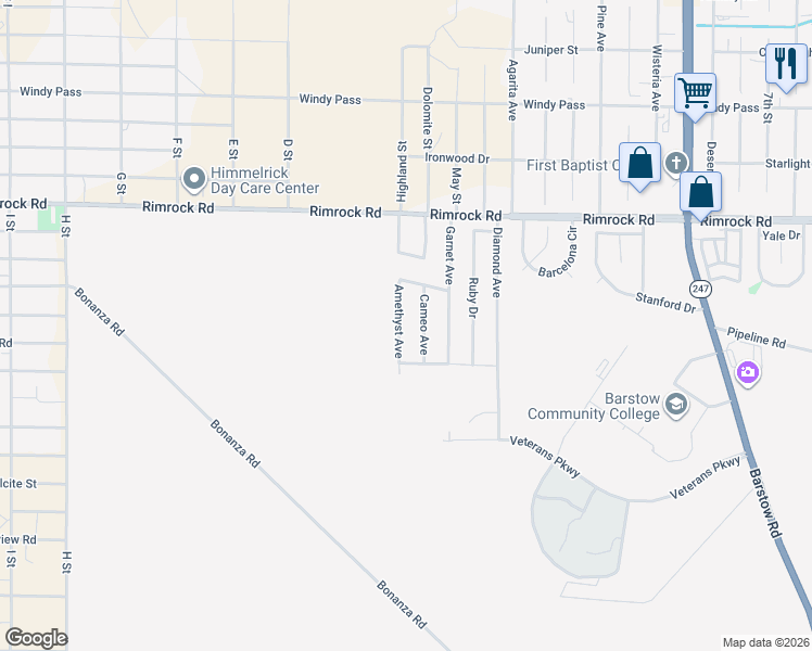 map of restaurants, bars, coffee shops, grocery stores, and more near 2181 Amethyst Avenue in Barstow
