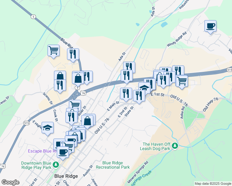 map of restaurants, bars, coffee shops, grocery stores, and more near 75 Josh Hall Road in Blue Ridge