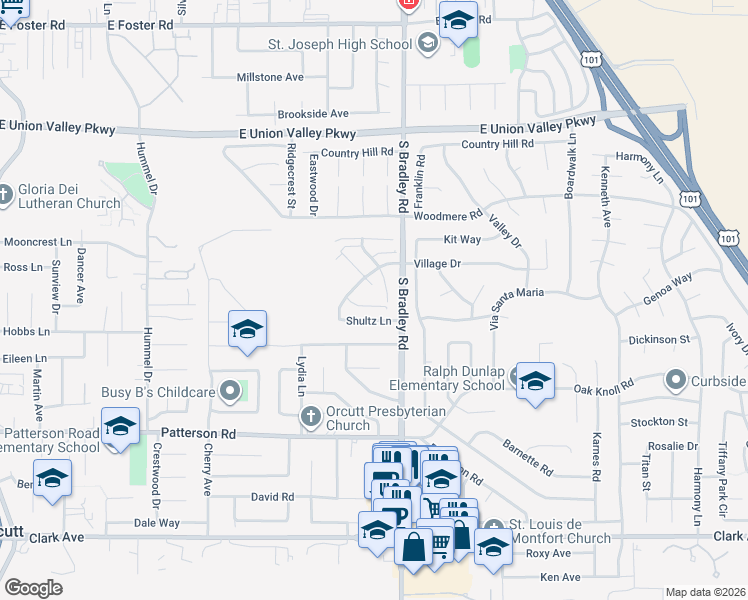 map of restaurants, bars, coffee shops, grocery stores, and more near 1055 Village Drive in Orcutt