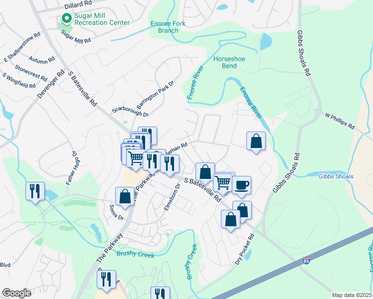 map of restaurants, bars, coffee shops, grocery stores, and more near 10 Cedar Rock Drive in Greer
