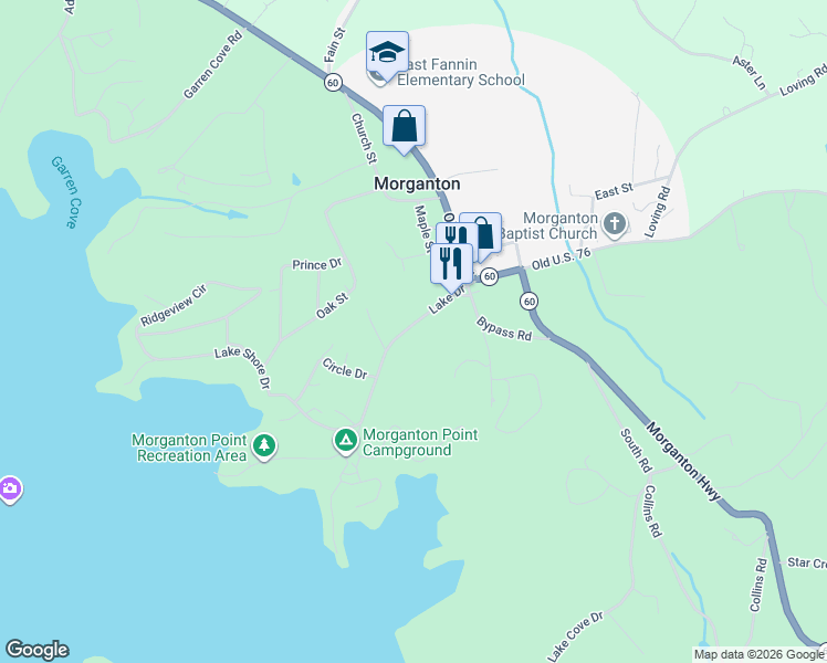 map of restaurants, bars, coffee shops, grocery stores, and more near 187 Lake Drive in Morganton