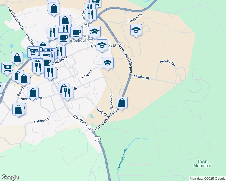 map of restaurants, bars, coffee shops, grocery stores, and more near 497 Kimsey Street in Blairsville