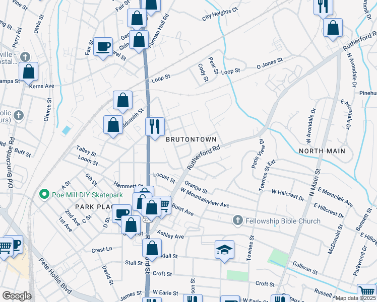 map of restaurants, bars, coffee shops, grocery stores, and more near 7a Love Street in Greenville
