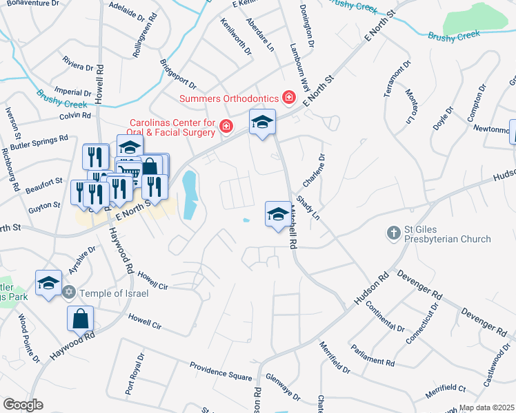 map of restaurants, bars, coffee shops, grocery stores, and more near 259 Cedar Crossing Lane in Greenville