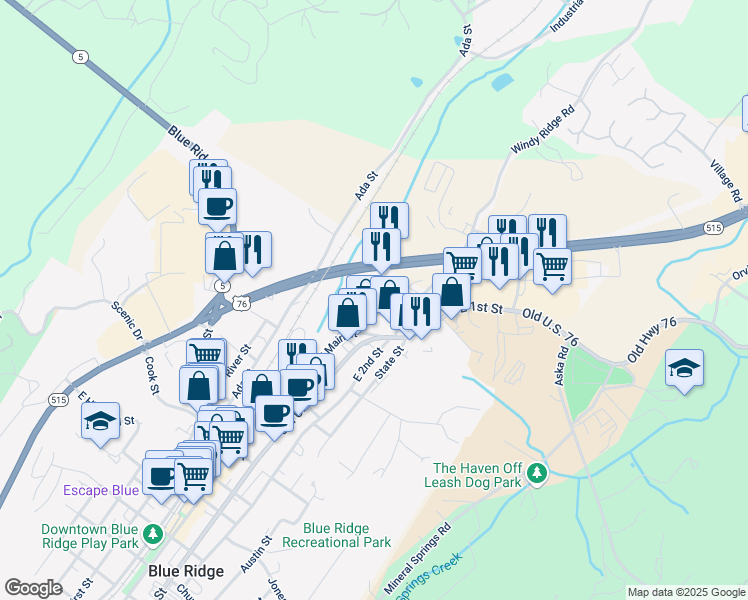 map of restaurants, bars, coffee shops, grocery stores, and more near 75 Josh Hall Road in Blue Ridge