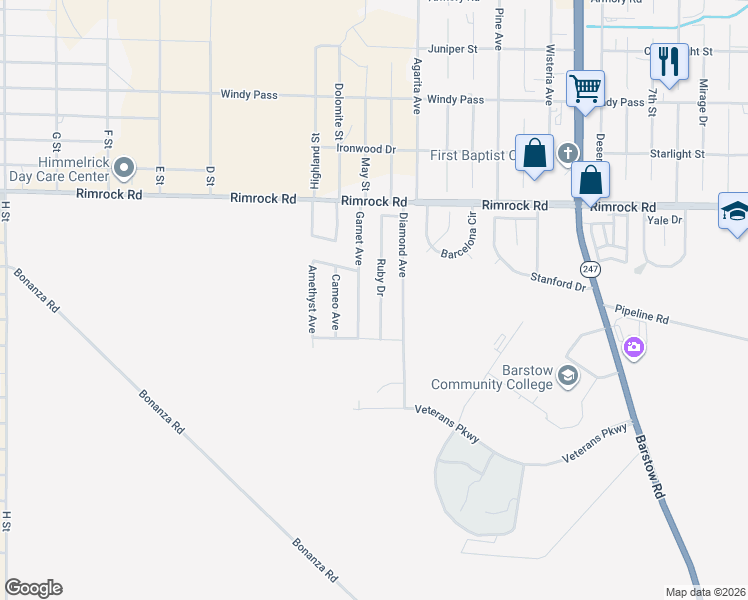 map of restaurants, bars, coffee shops, grocery stores, and more near 2170 Ruby Drive in Barstow