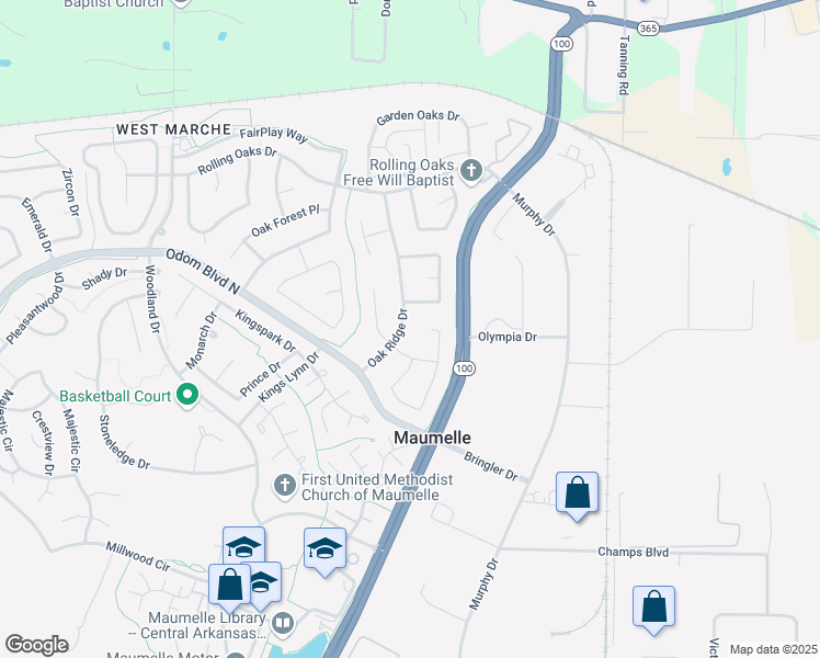 map of restaurants, bars, coffee shops, grocery stores, and more near 20 Oak Ridge Drive in Maumelle