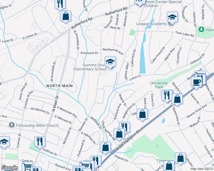 map of restaurants, bars, coffee shops, grocery stores, and more near 7 Poinsettia Place in Greenville