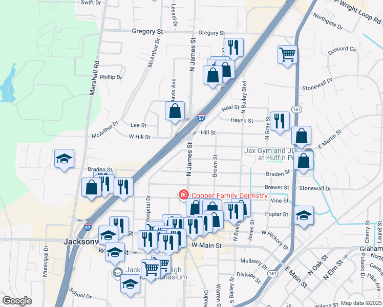 map of restaurants, bars, coffee shops, grocery stores, and more near 707 North James Street in Jacksonville