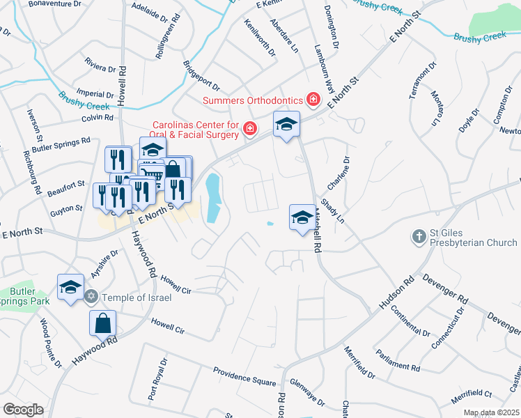 map of restaurants, bars, coffee shops, grocery stores, and more near 427 Cedar Pines Drive in Greenville