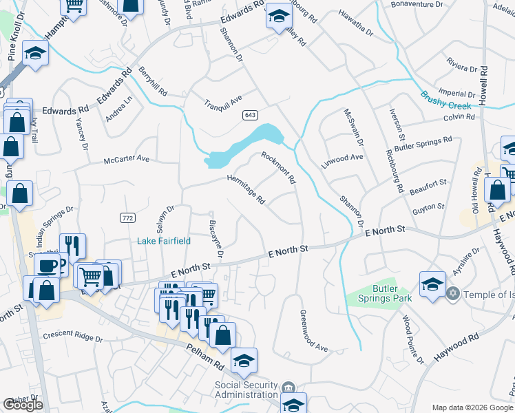 map of restaurants, bars, coffee shops, grocery stores, and more near 208 Hermitage Road in Greenville