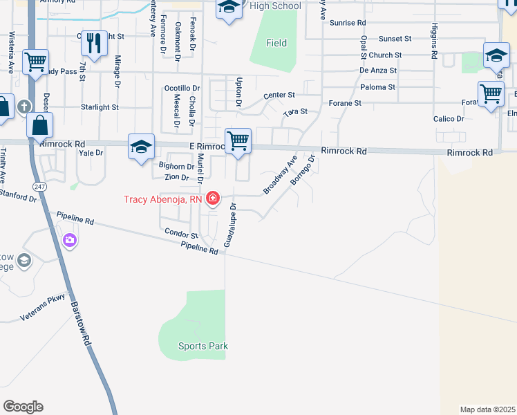 map of restaurants, bars, coffee shops, grocery stores, and more near 1125 Teton Drive in Barstow