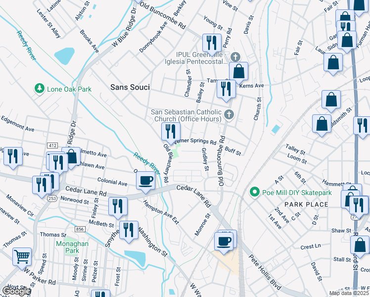map of restaurants, bars, coffee shops, grocery stores, and more near 16 Verner Creek Court in Greenville