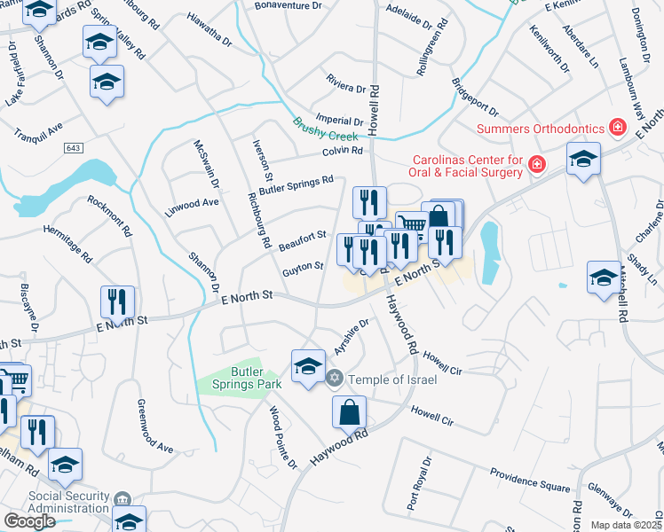 map of restaurants, bars, coffee shops, grocery stores, and more near 600 Butler Springs Road in Greenville