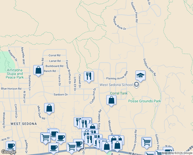 map of restaurants, bars, coffee shops, grocery stores, and more near 695 Mountain Shadows Drive in Sedona