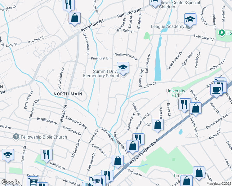 map of restaurants, bars, coffee shops, grocery stores, and more near 7 Poinsettia Place in Greenville