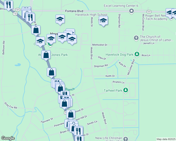 map of restaurants, bars, coffee shops, grocery stores, and more near 107 Twin Wood Drive in Havelock