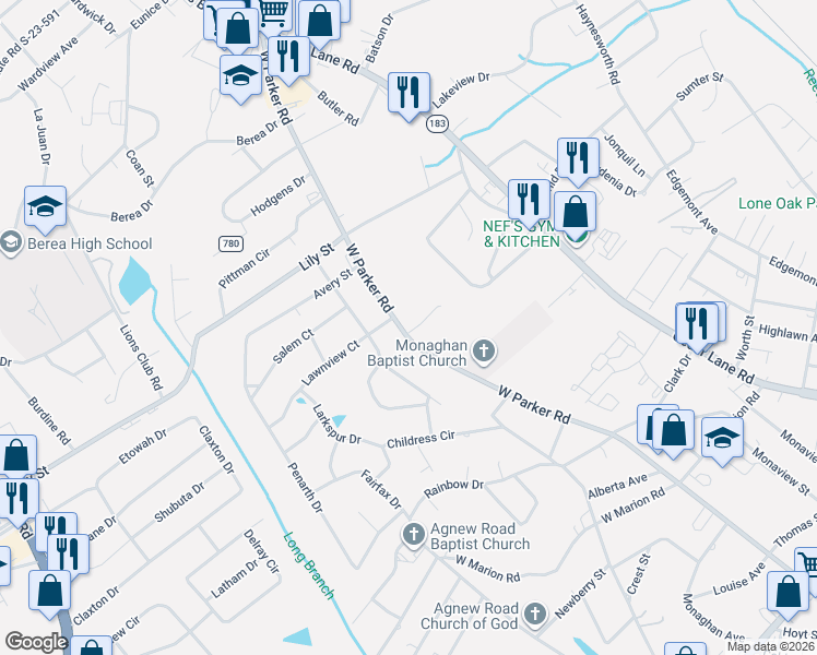 map of restaurants, bars, coffee shops, grocery stores, and more near 1534 West Parker Road in Greenville